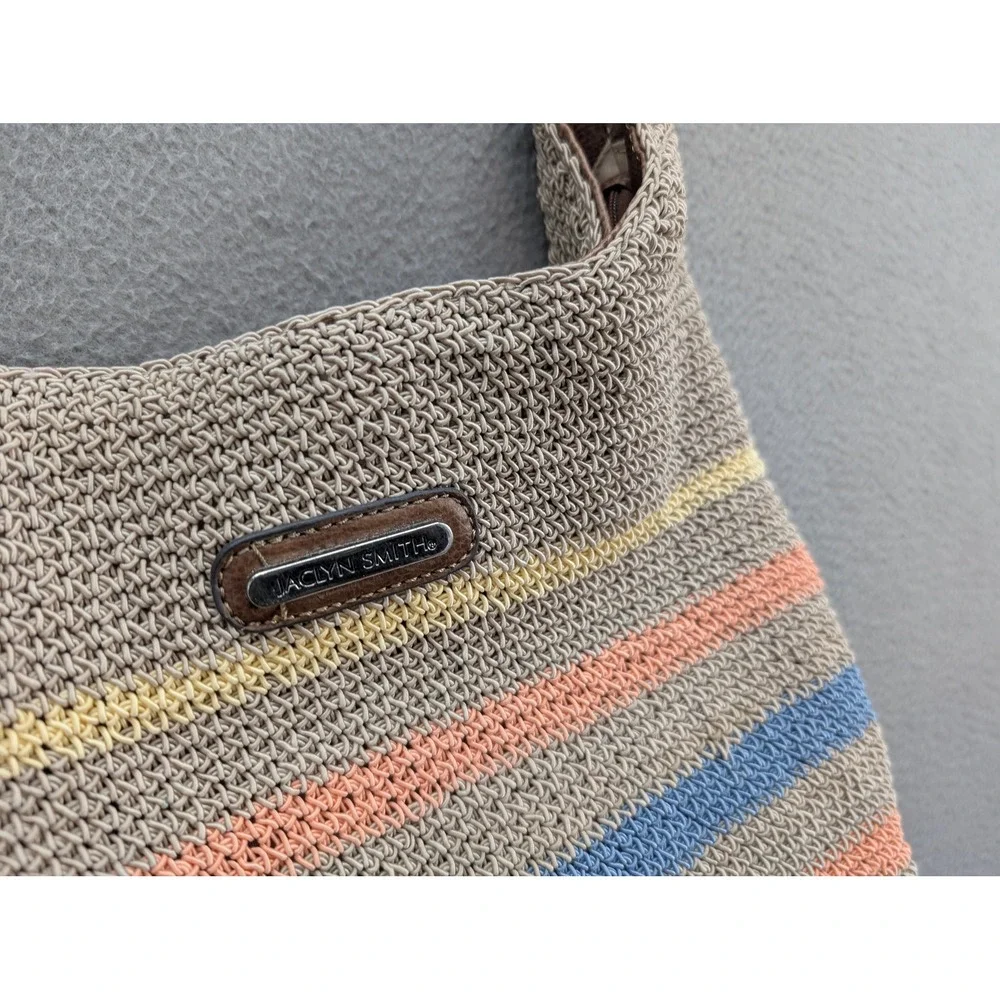 Vtg Jaclyn Smith Crochet Knit Shoulder Bag‎ Striped Hobo Purse Tan Multi 13x12